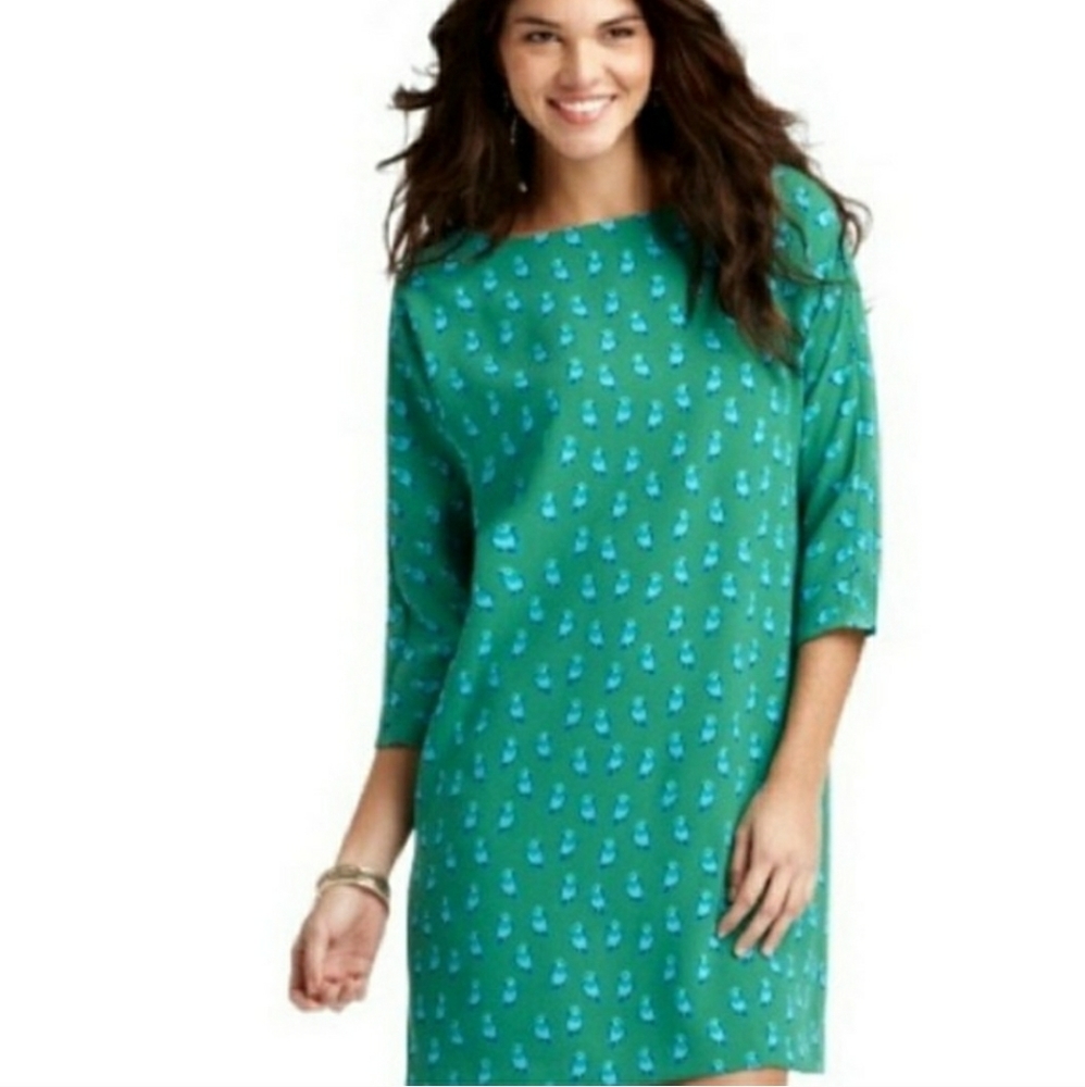 LOFT Green Blue Bird Print Sheath Dress XXSP EUC
